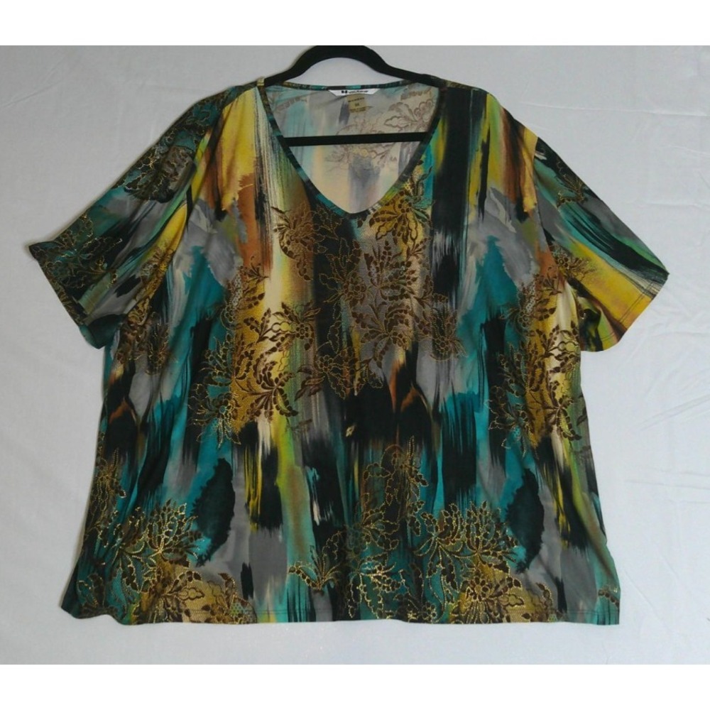 Nygard Collection Womens 3X Top Multicolor Abstract Gold Floral V Neck Artsy
